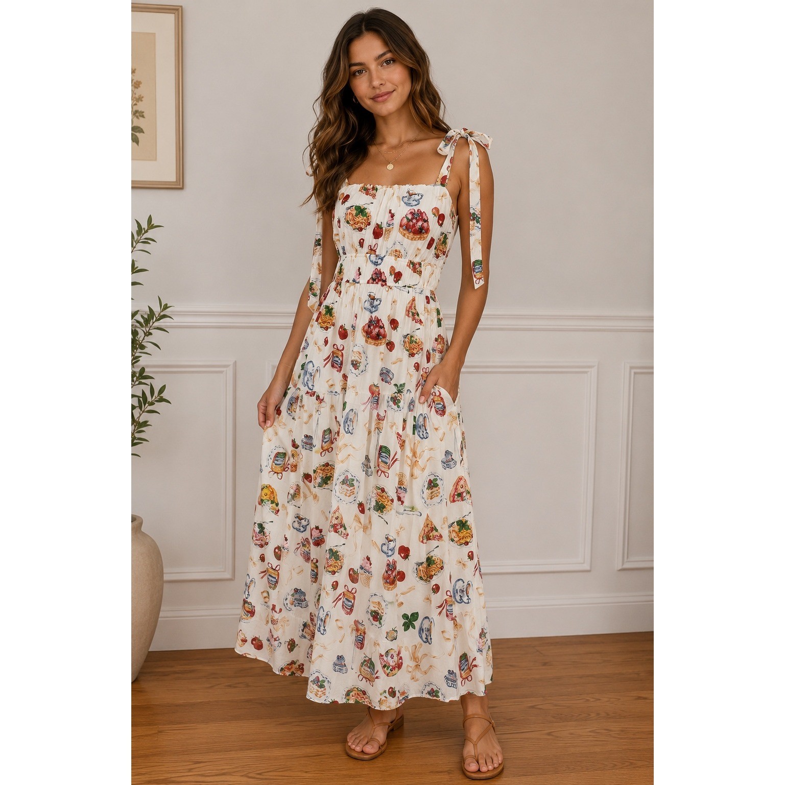By the River Picnic Print Tie Strap Maxi Dress | Size Medium | NWT