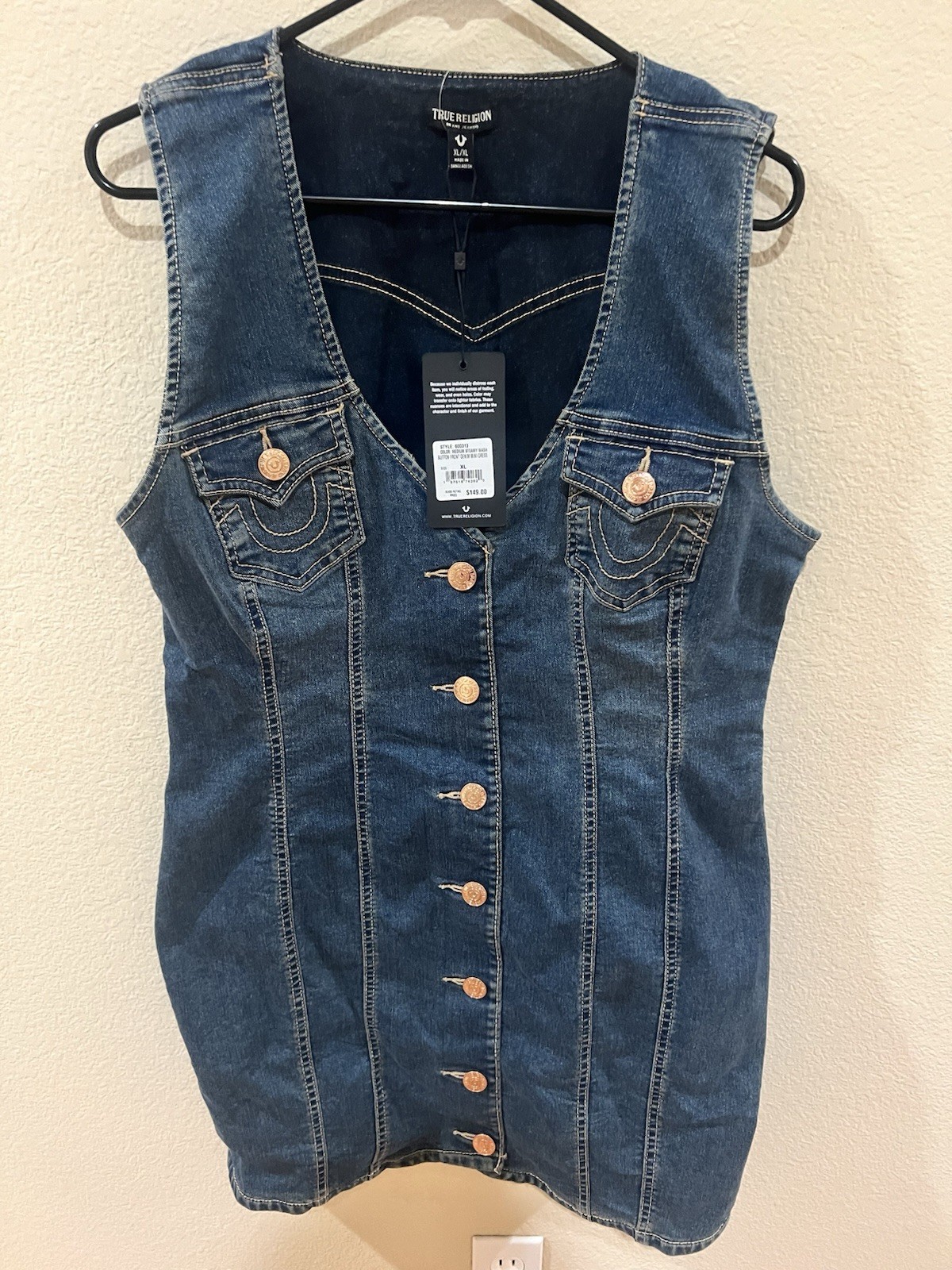 True Religion Women’s Denim Sleeveless Button Front Dress XL NWT Stretch