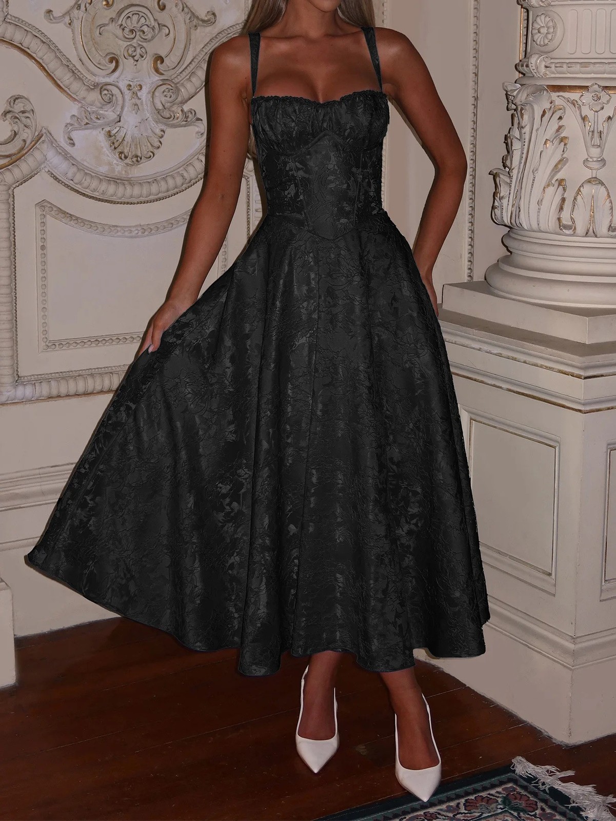Black Floral Lace Tea Length Midi Dress Spaghetti Strap Corset Formal Gown