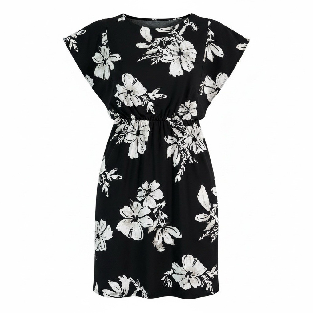 Anne Klein Sheath Knee Dress Cap Sleeve Round Neck Floral Black White 6