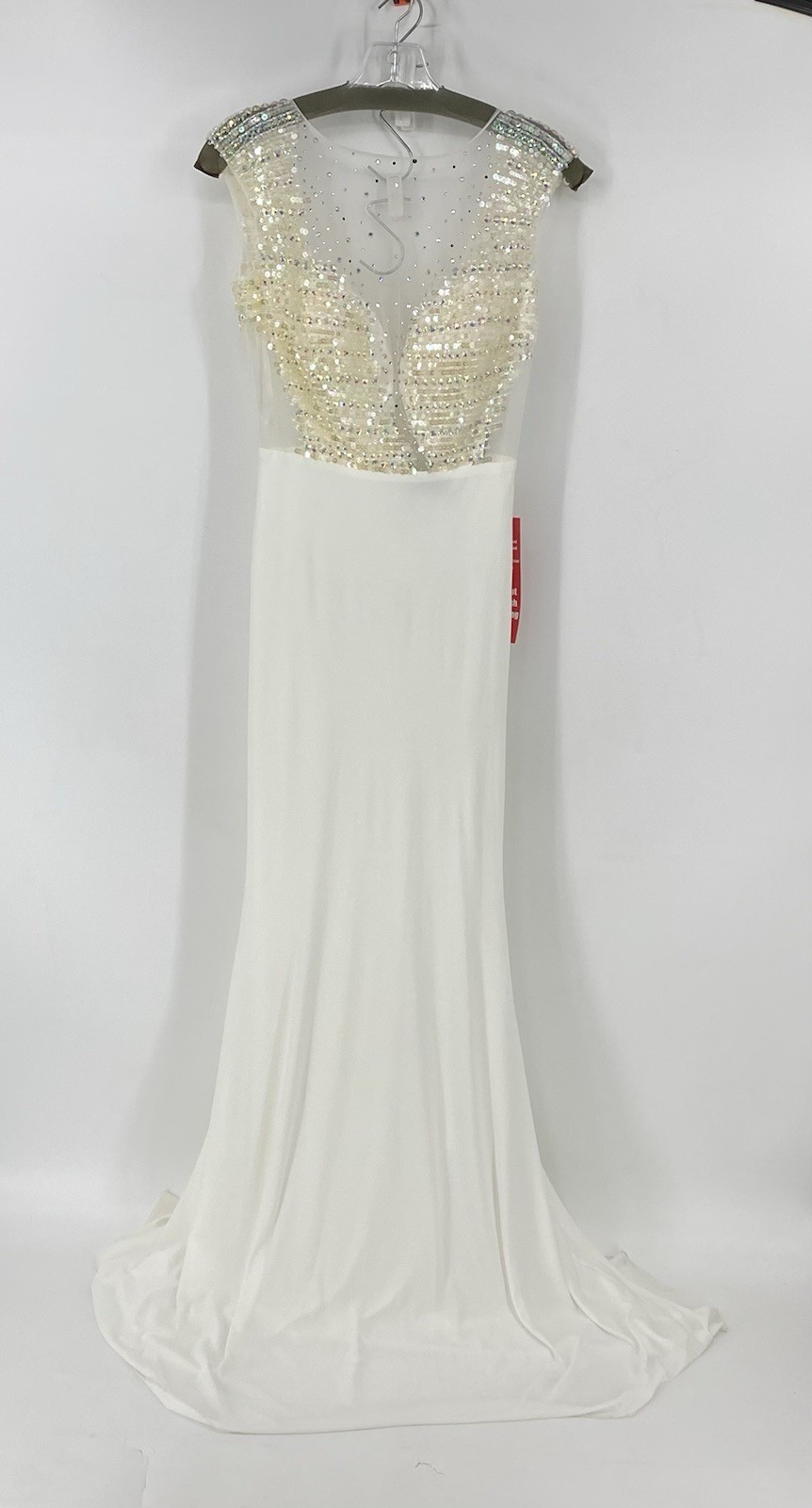 Dave & Johnny Sequin Gown Ivory Maxi Size 1/2 Formal Zip Mermaid Style NWT