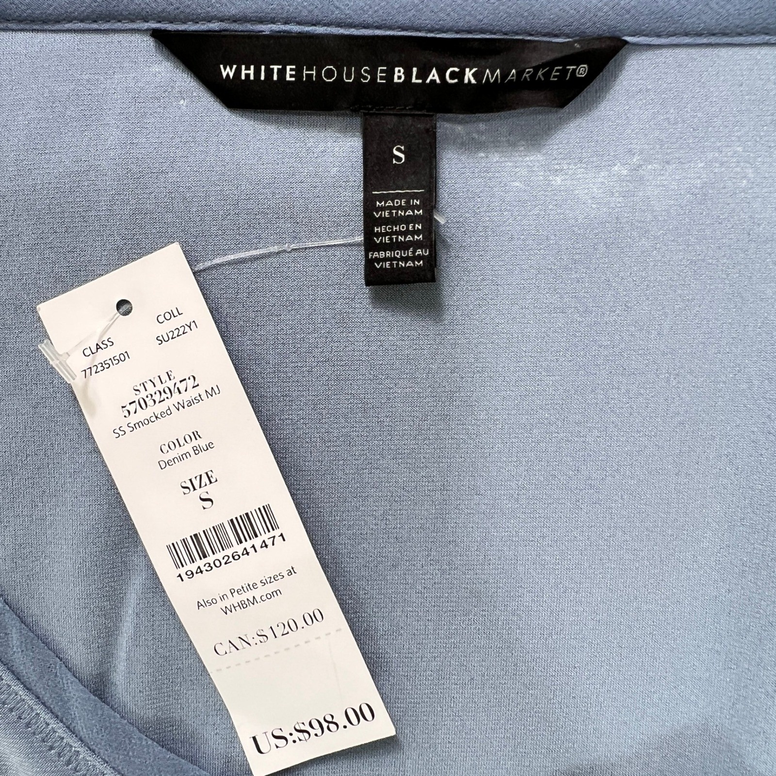 White House Black Market Light Blue Smocked Waist Dress Small Cap Sleeves Midi