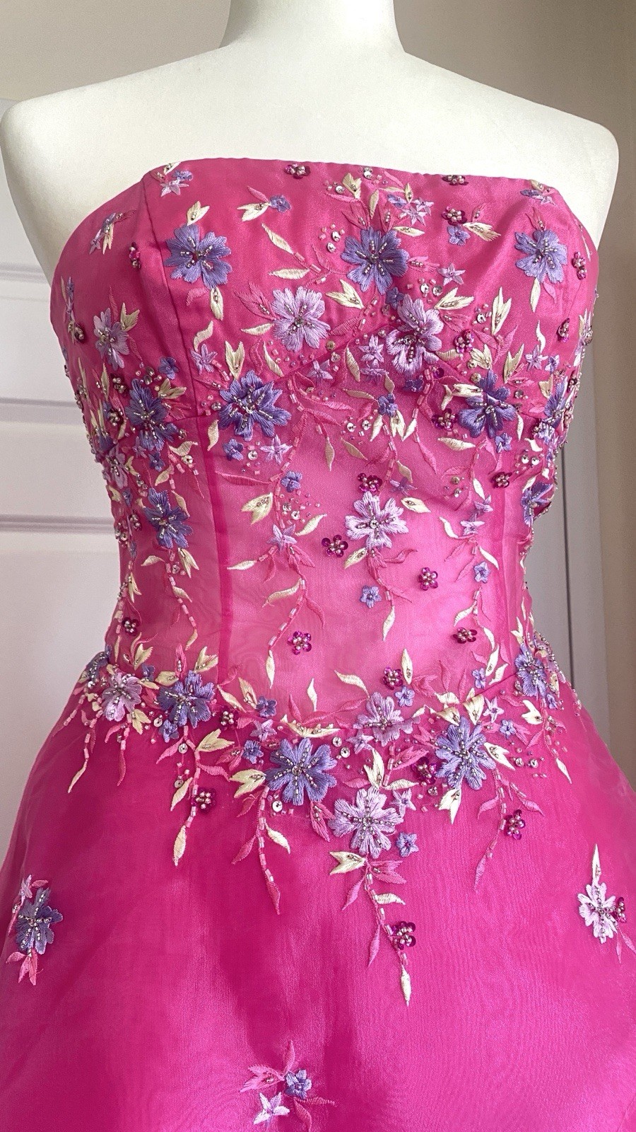 Fuchsia Strapless Floral Beaded Long Gown Dress Size 4