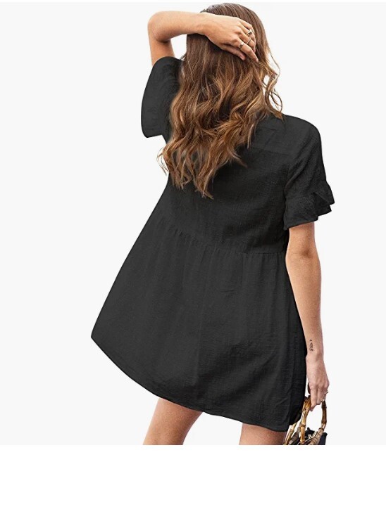 ROYLAMP Womens Tunic Dress Bell Sleeve Split Hem Button up Collared Mini Dress M