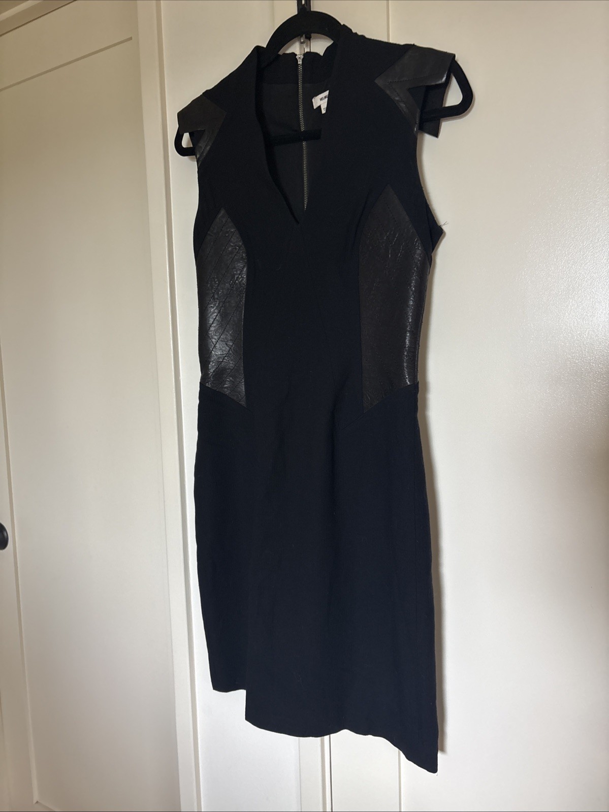 Helmut Lang Black Wool and Blistered Leather Panel Dress Size 6 Avant Garde