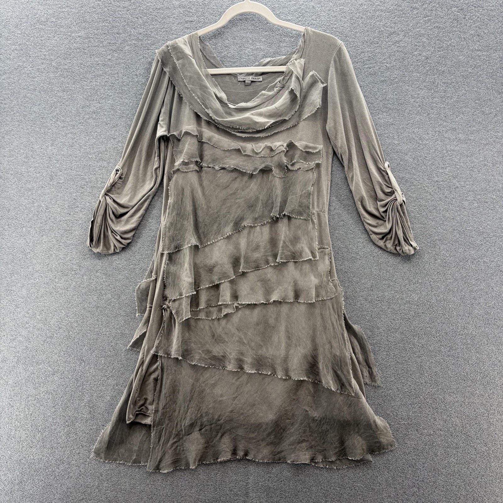 Tempo Paris Dress Large Gray Green Silk Layered Ruffle Avant Garde Whimsigoth