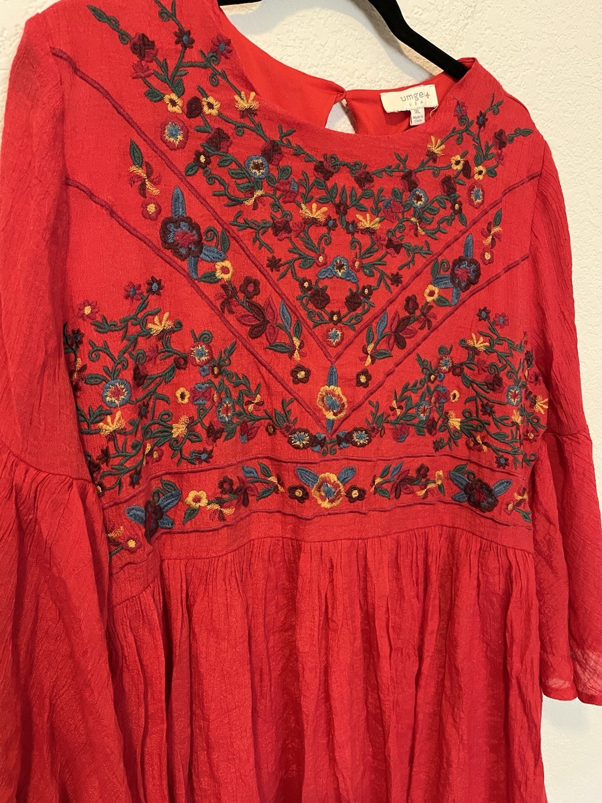 Umgee Dress Womens 1XL Red Embroidered BOHO Bliss Festival Tunic Bell Sleeves