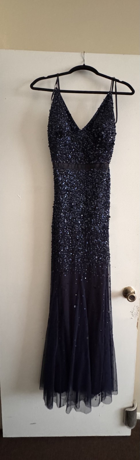 Navy sequin dress for women floor length, sleeveless, v-neck, good condition