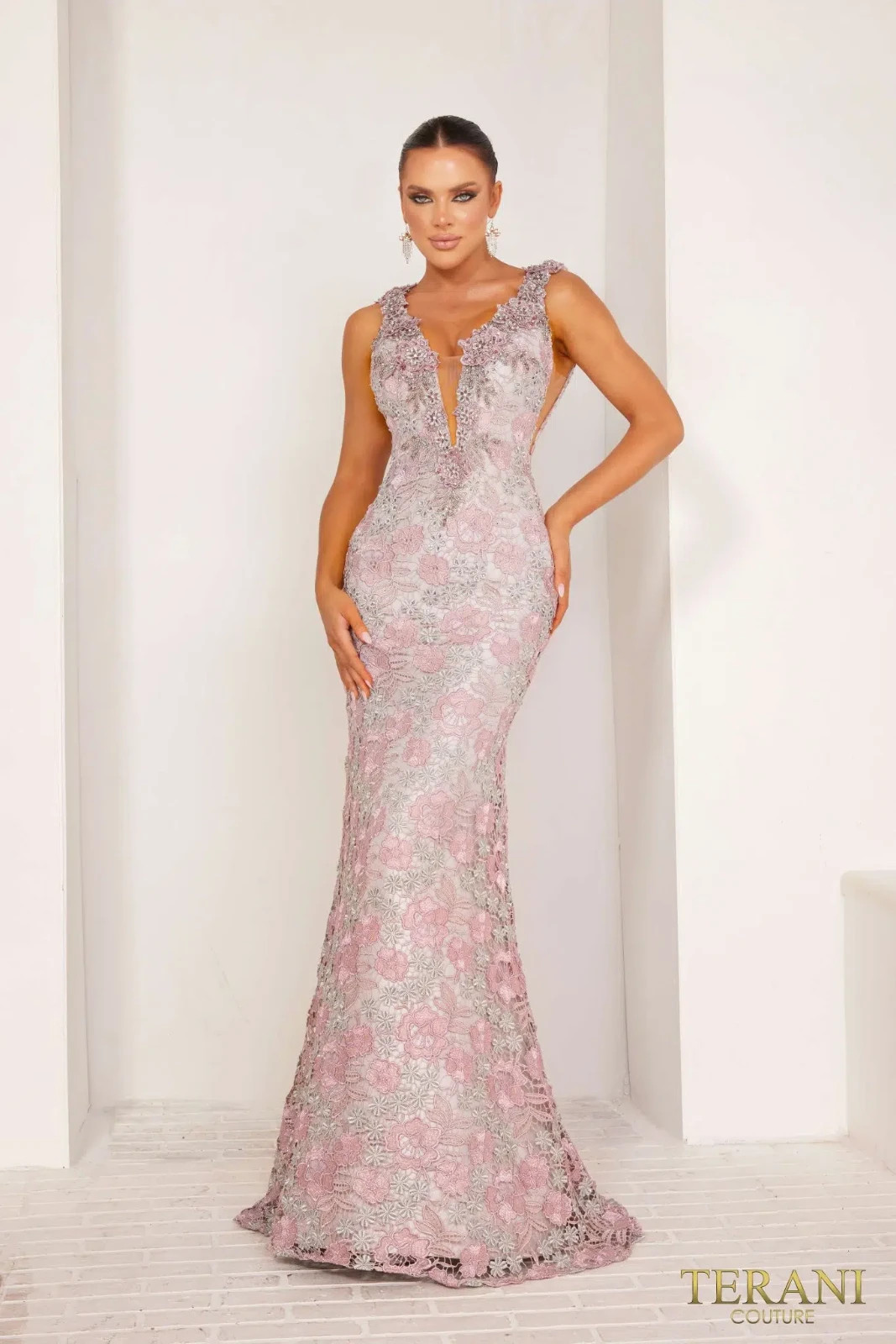 Terani Couture – Stunning Lace Mermaid Gown In Rose Silver – Style: 2410