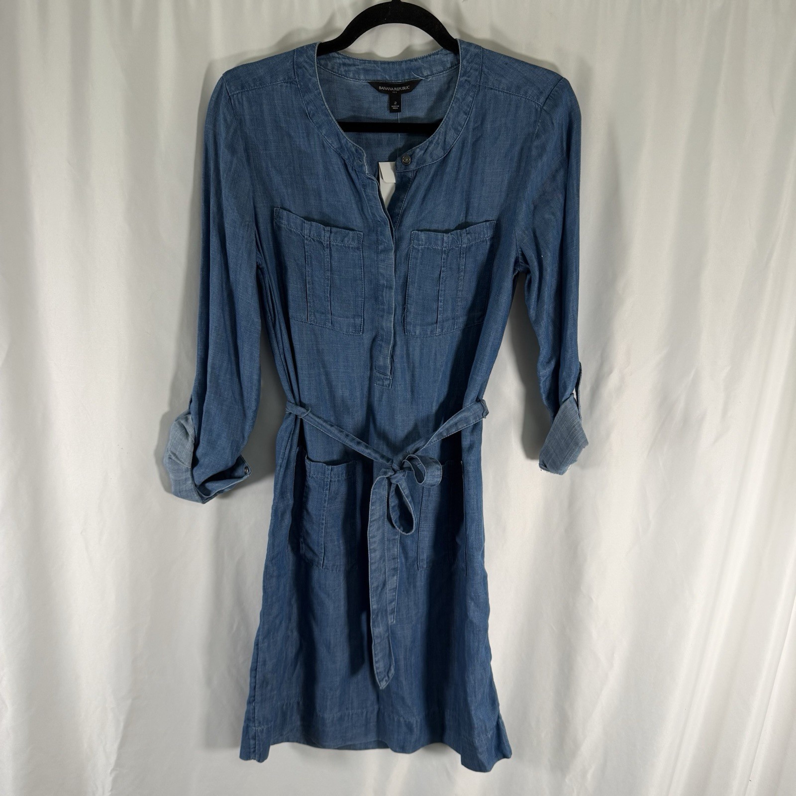 New Banana Republic Chambray Mini Dress Women’s 2 Blue Button Up Belted Pockets