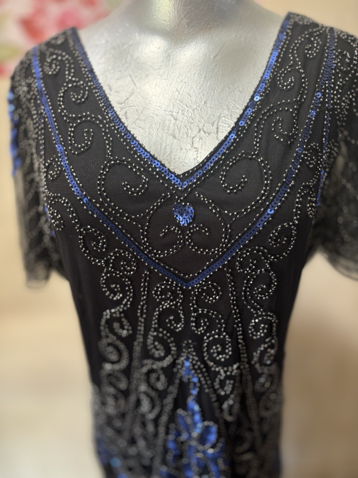 PrettyGuide Black Blue Beaded Sequin Mesh Fringe Long V-Neck Sheath Dress L