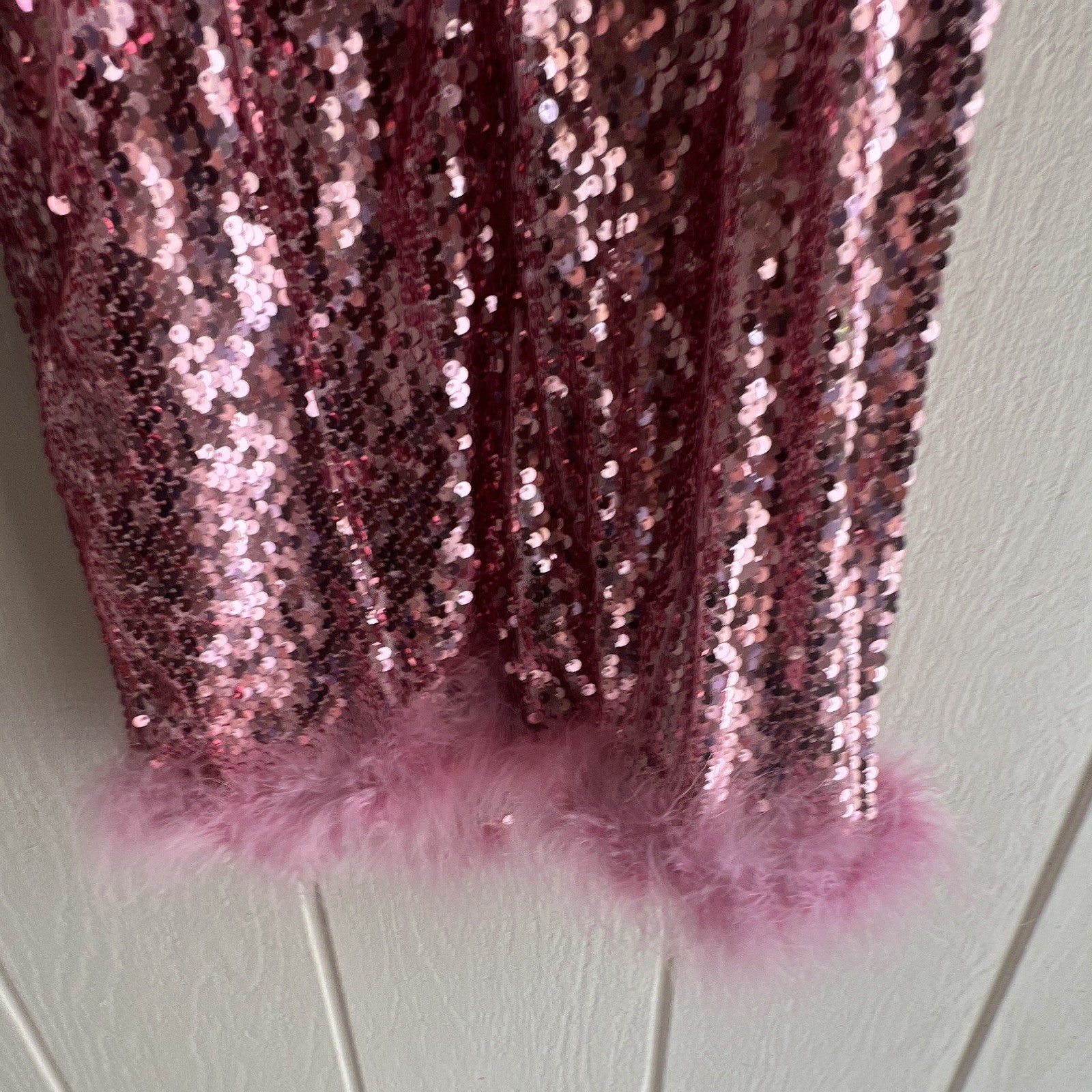 Kouture Marchi Pink Sequin Feather Hem Sweetheart Bodycon Mini Dress, M