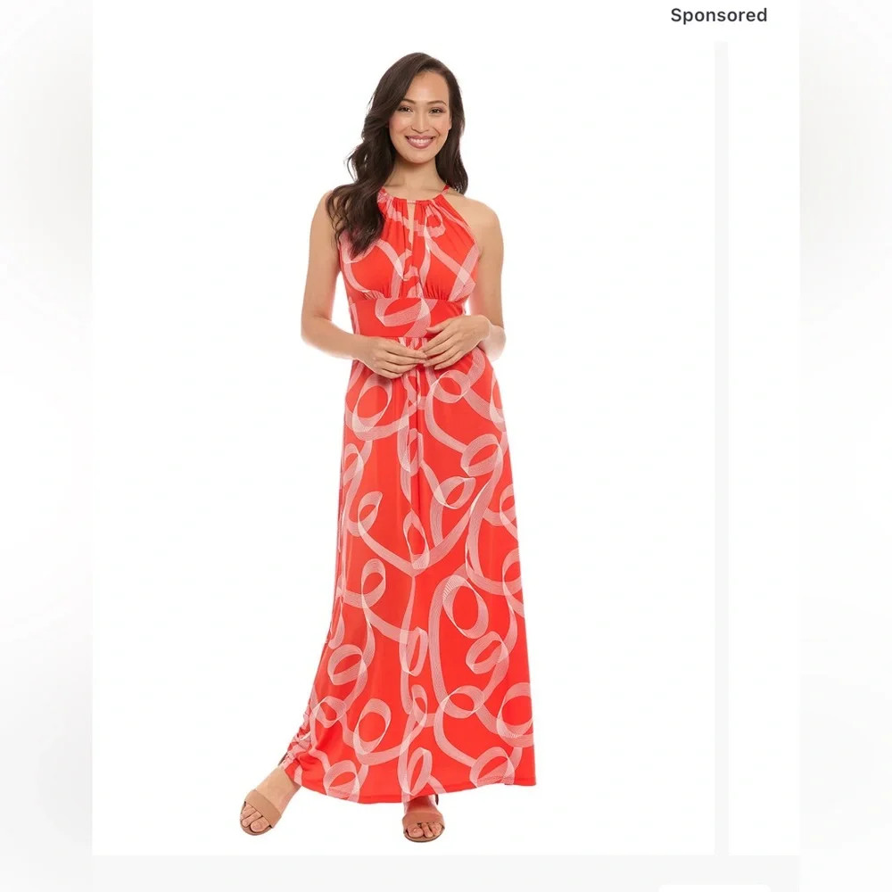 NWT Elegant Red / White Halter Maxi Dress by London Times SIZE 14 MSRP 89.00