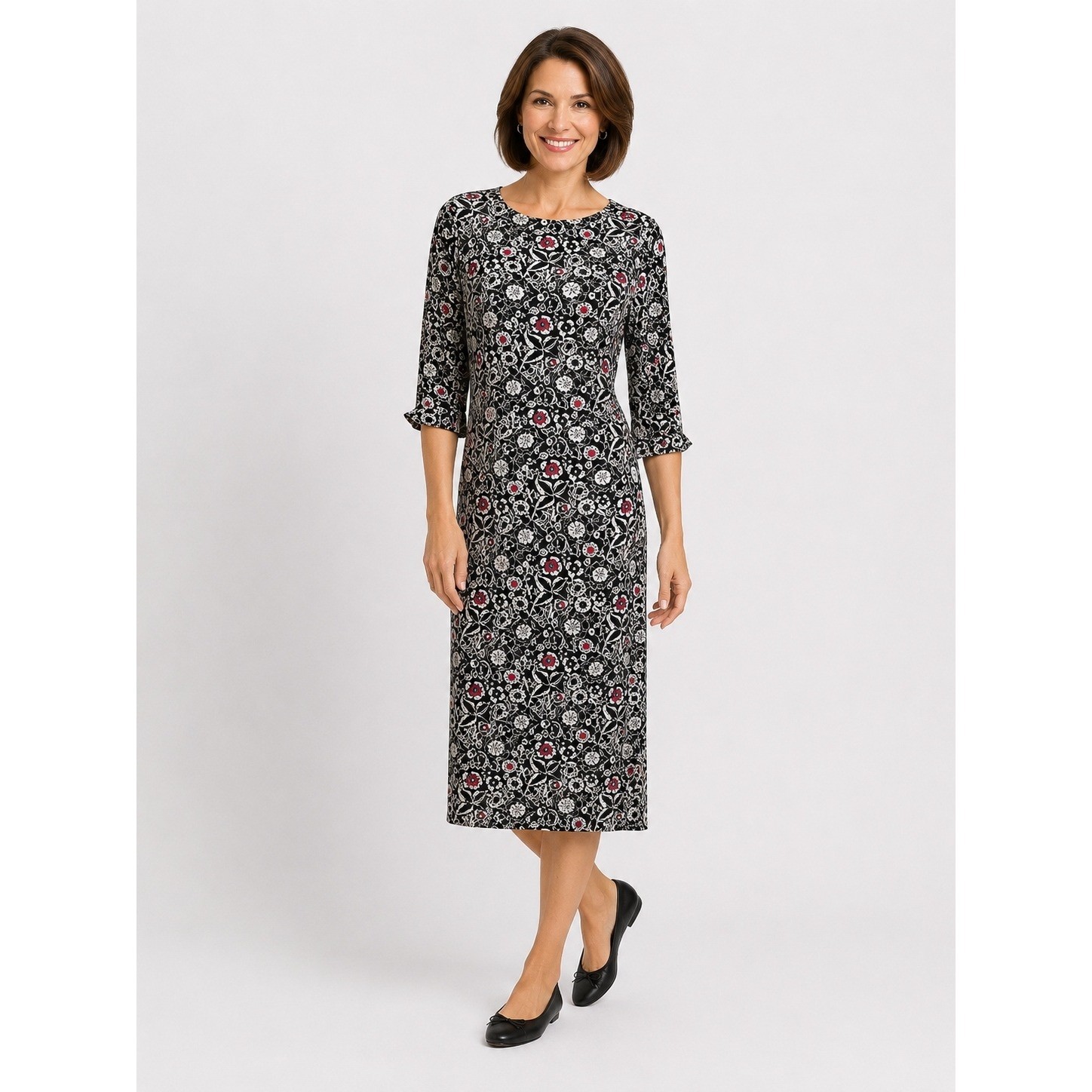 LOFT Black White Floral Midi Dress NWT Size 8 3/4 Sleeve Career Ruffle Cuff