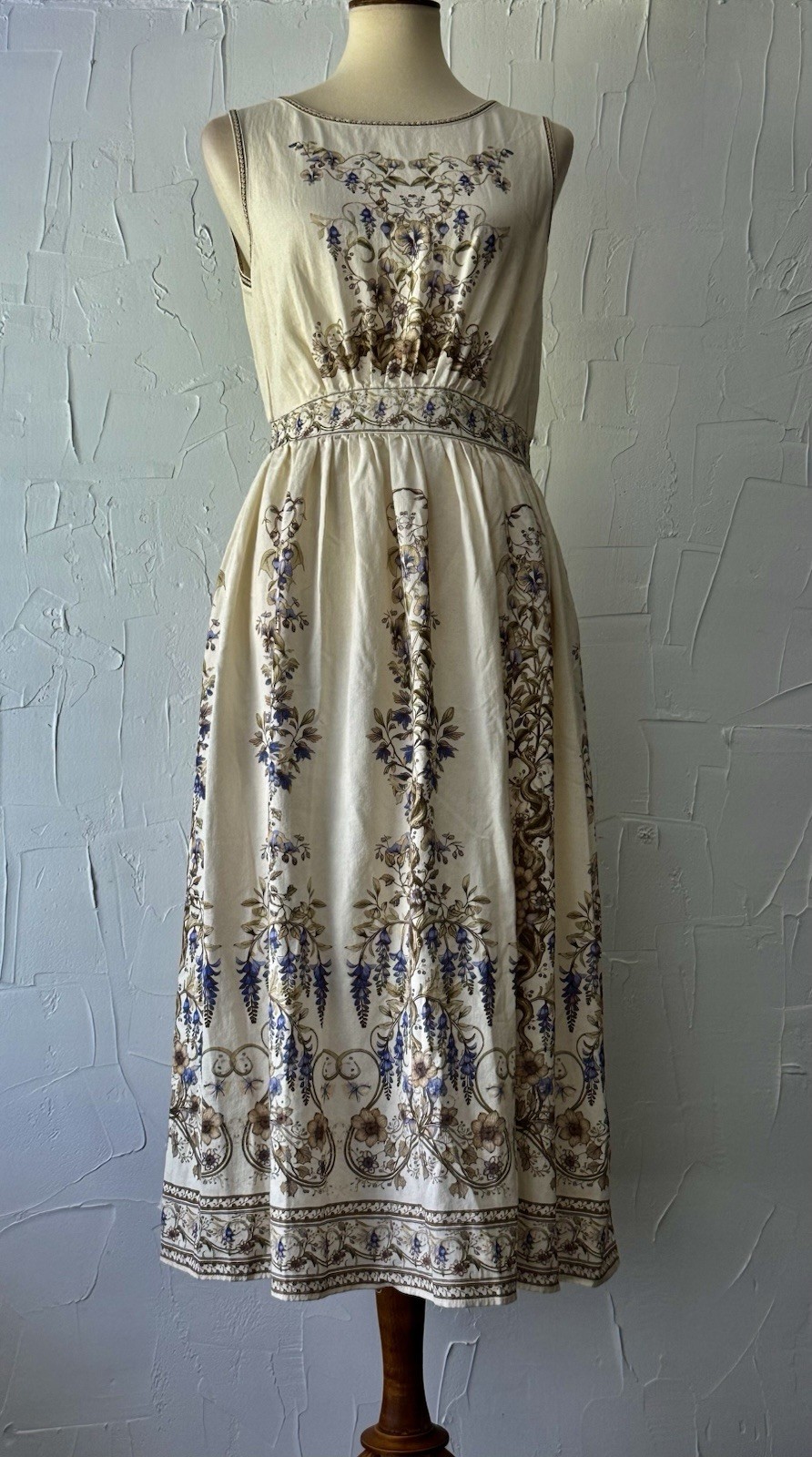 Max Studio London Floral Rayon Linen Dress Sz M Sleeveless Midi Cream Blue