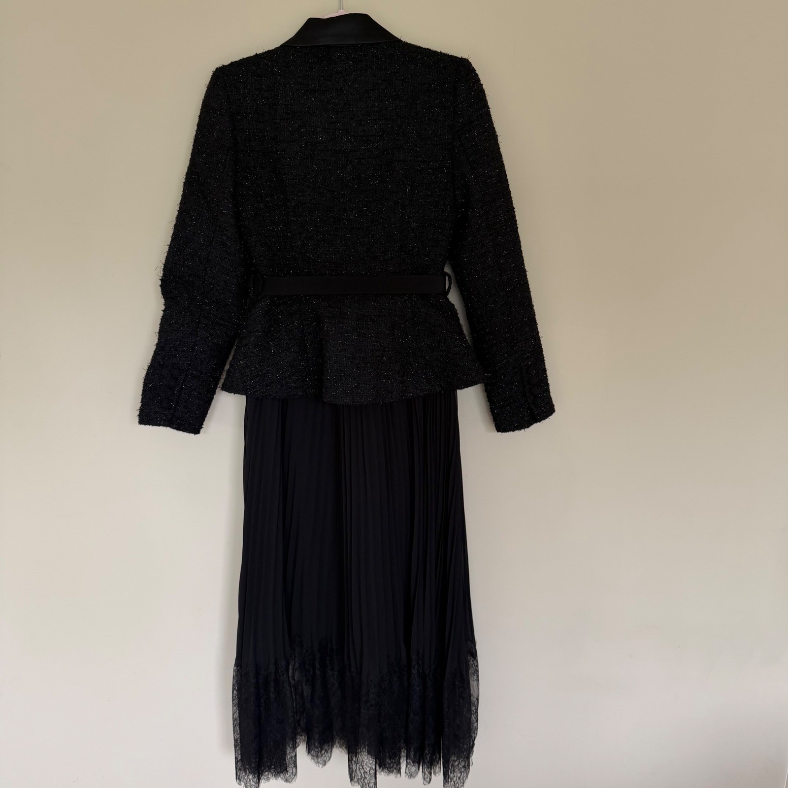Self Portrait Black Tinsel Boucle Midi Dress with Belt Size 4 NWT $660