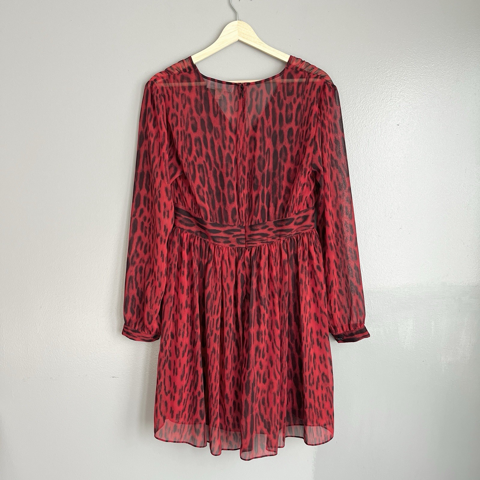 Michael Kors Leopard Print Georgette Mini Dress Red Blaze Long Sleeve 8 NWT