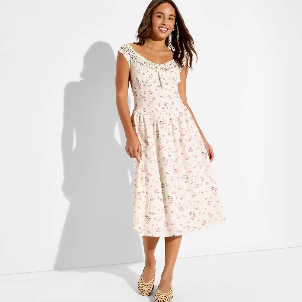 Women Button-Front Lace Midi Dress – Wild Fable Off-White Floral XL