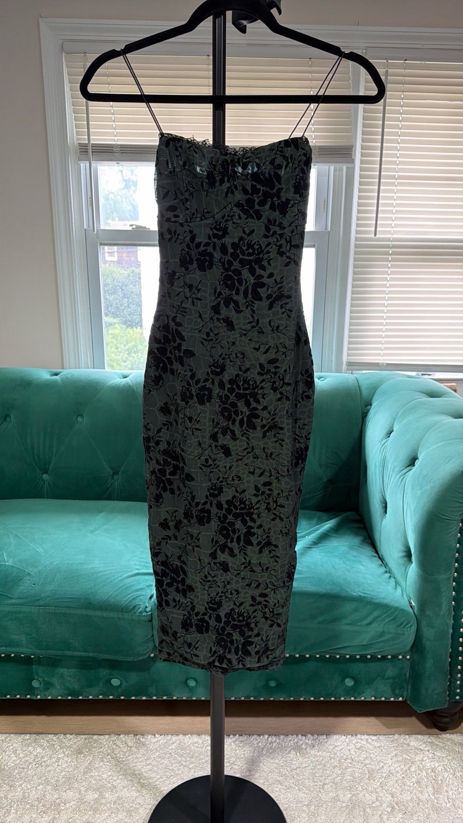 Windsor Strapless Sweetheart Lace Bodycon Midi Dress Green/Black Floral XS