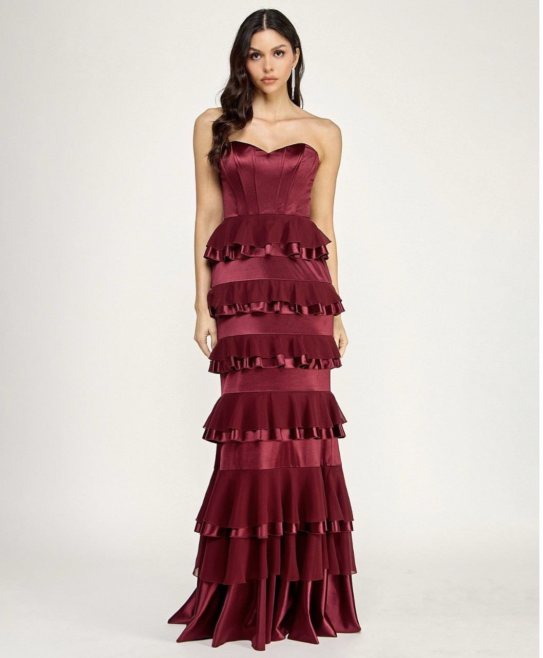 City Studio Womens XS Red Strapless Sweetheart Satin Corset Tiered Gown