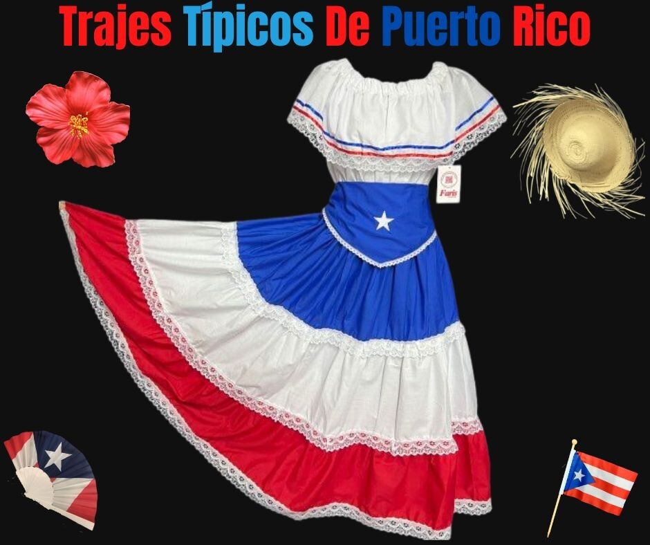 Puerto Rican Flag Skirt Set & Star Belt 3PC Traje Típico Jíbara Boricua Outfit