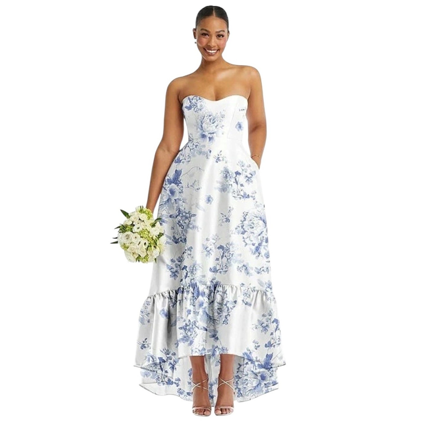 New Alfred Sung White Blue Strapless Floral Ruffle High-Low Gown Size 0 D838FP