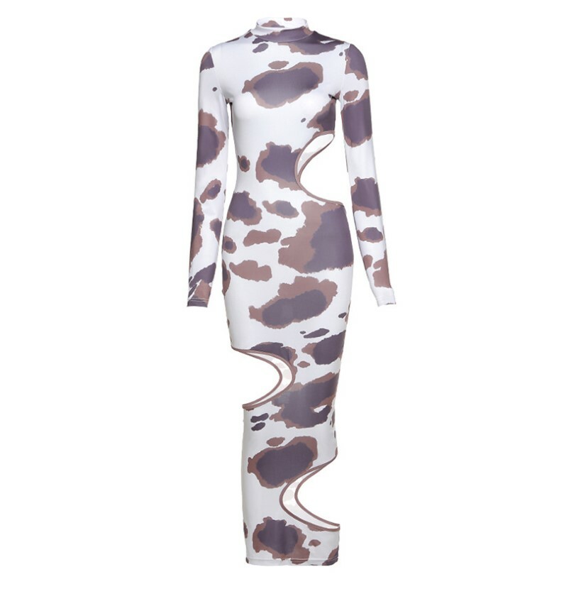New Women Hollow Out Holes Random Print Sexy Skinny Party Club Maxi Dress #S3
