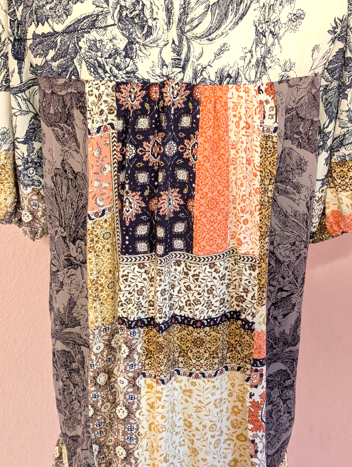 Ces Femme Patchwork Print Boho Swing Dress Puff Sleeve Women’s M