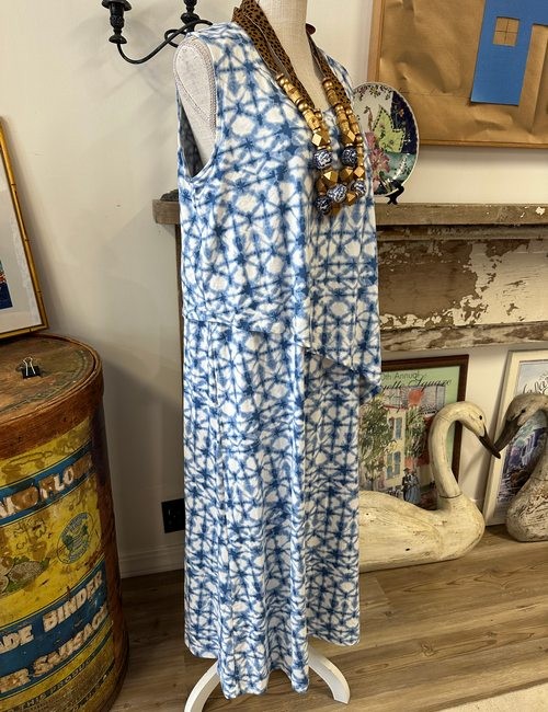 Comfort Code Cuddle Duds Dress Blue Ikat L Maxi Asymmetric Layered New