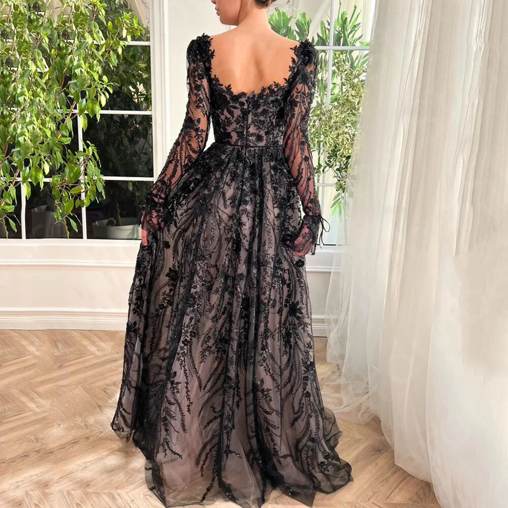 Round Neck Long Sleeved Front Slit Ball Dress with Floral Lace Prom Evening Gown