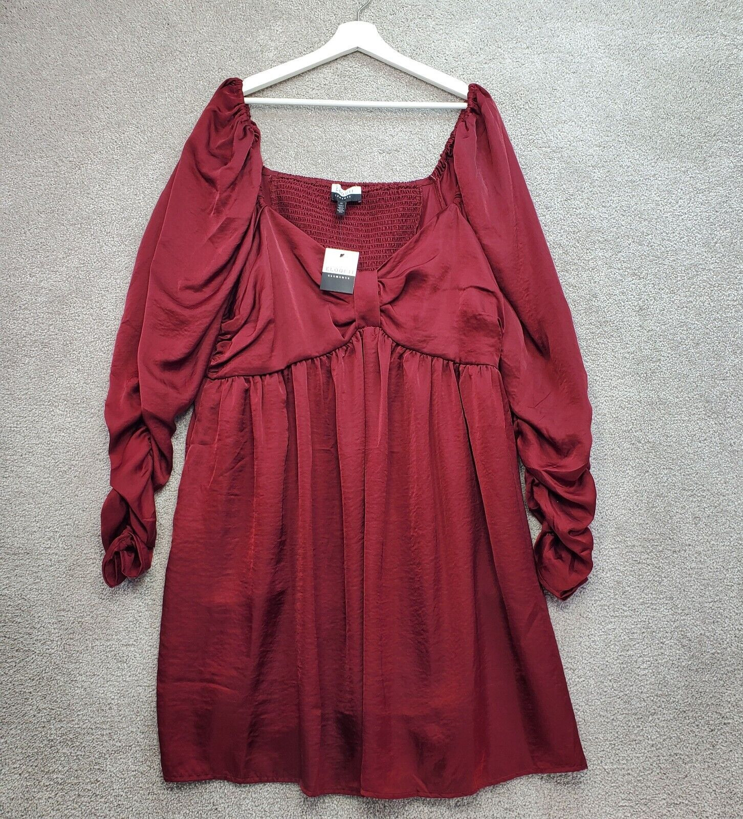 Eloquii Elements Babydoll Mini Dress Women 22 Burgundy Satin Smocked Back
