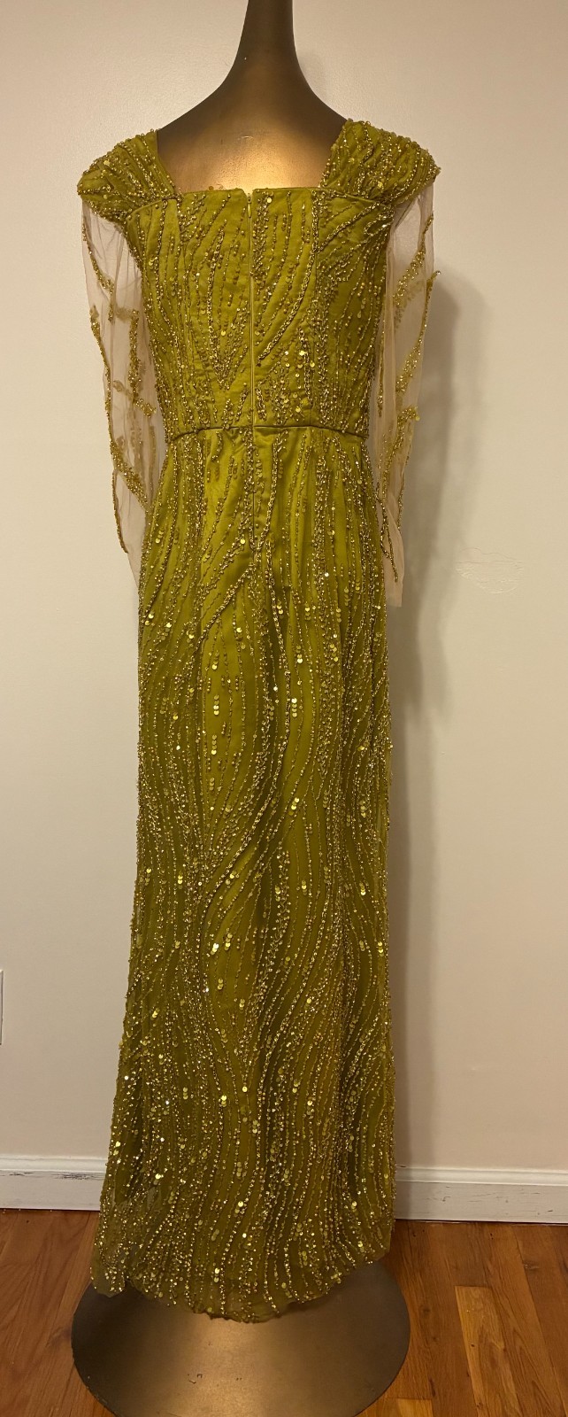 Olive Green Gold Beaded Sequin Evening Gown Sz M 6 Formal Maxi Dress Custom Made