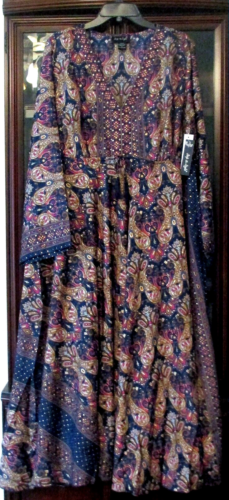 NWT Step In Style Royal Blue Gold Foil Paisley Bell Slv Boho Maxi Dress 1X 2X 3X
