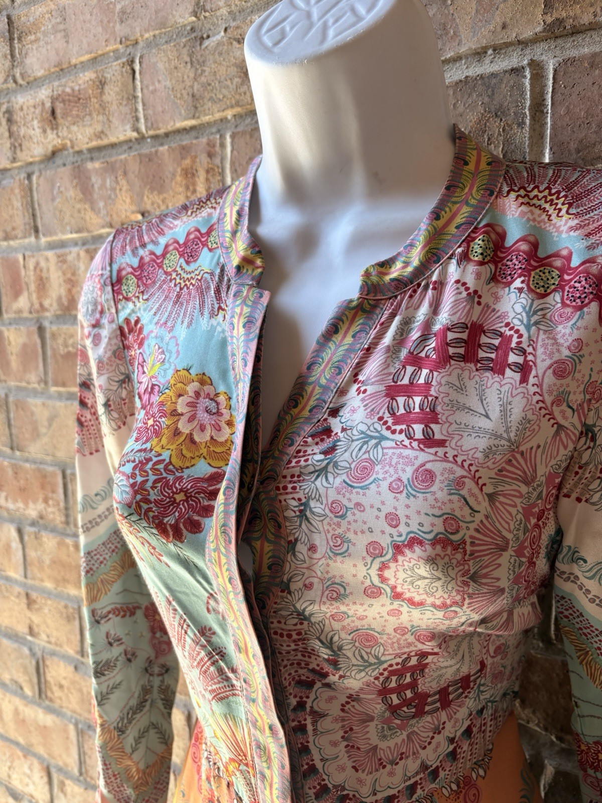 Hale Bob Paisley Multicolor Collared Button-Front Silk Dress XS LS