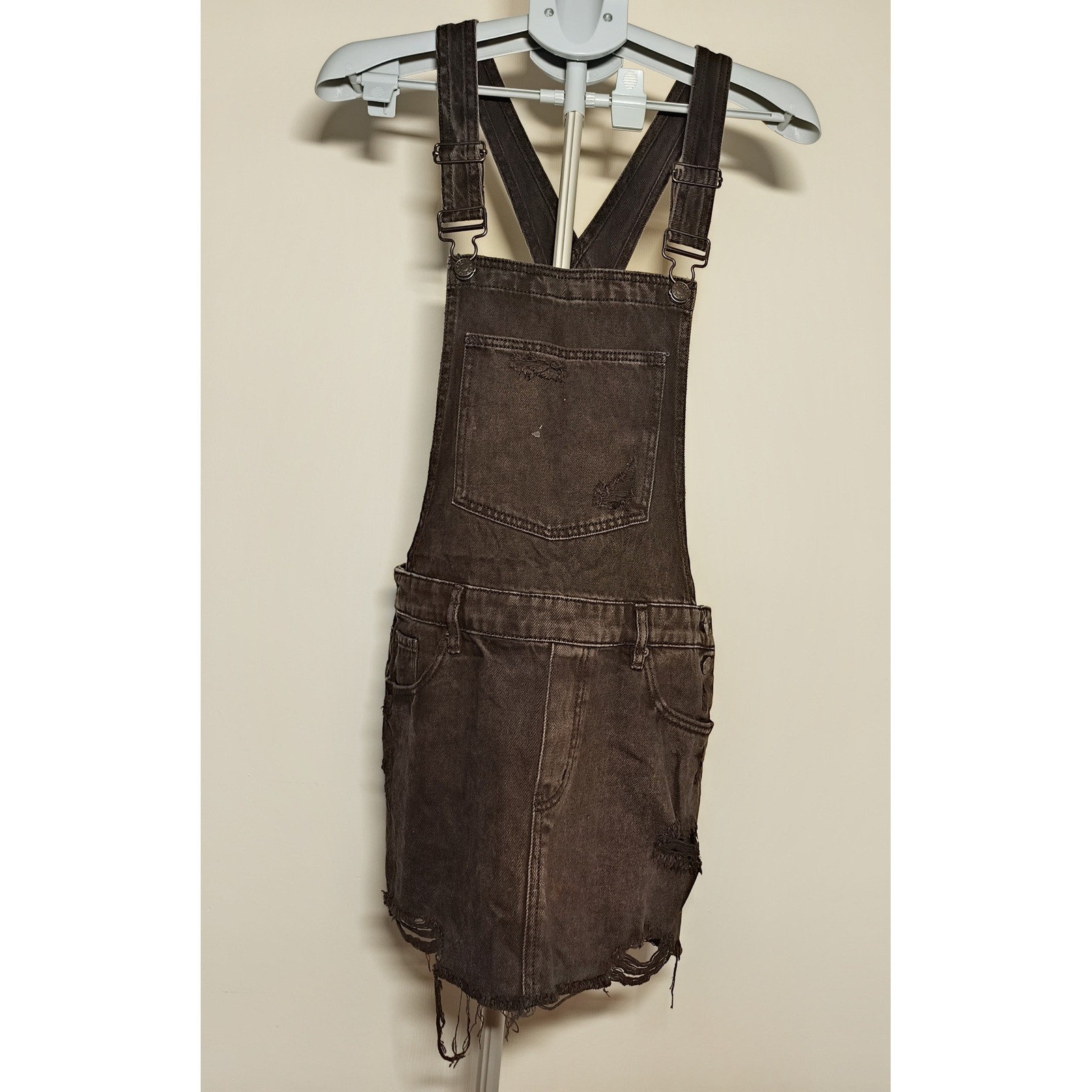 Garage Black Denim Distressed Overall Mini Skirt Size M Frayed Hem Bib Dress