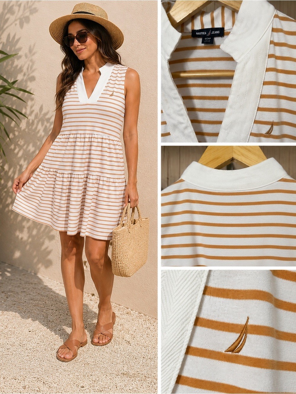 NAUTICA JEANS WOMEN’S TIERED COLLAR SLEEVELESS DRESS, Almond/Ivory, X-Large