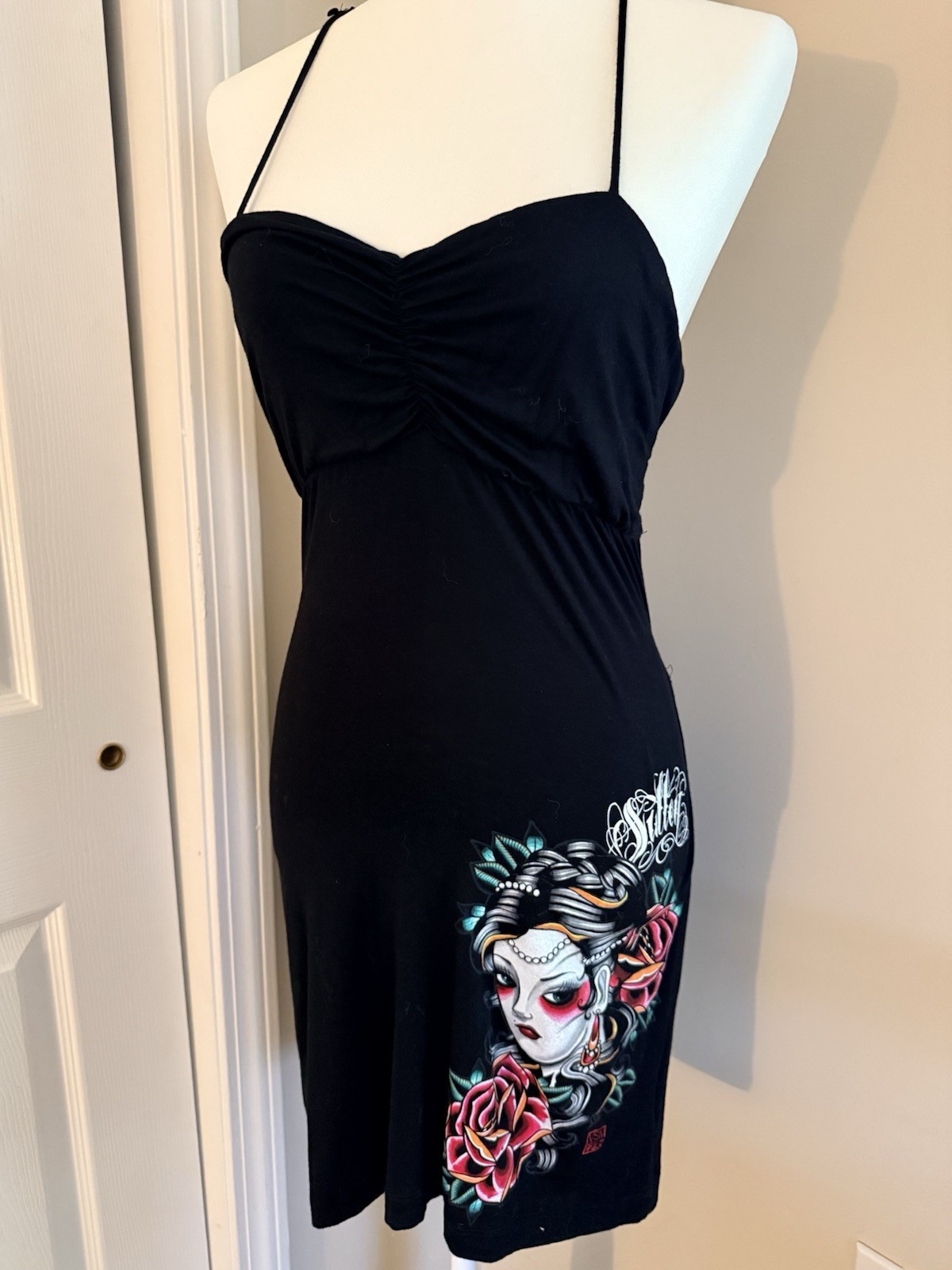 Sullen Angels Black Bodycon Dress M Backless Lace Skull Print. Tattoo. Pinup.
