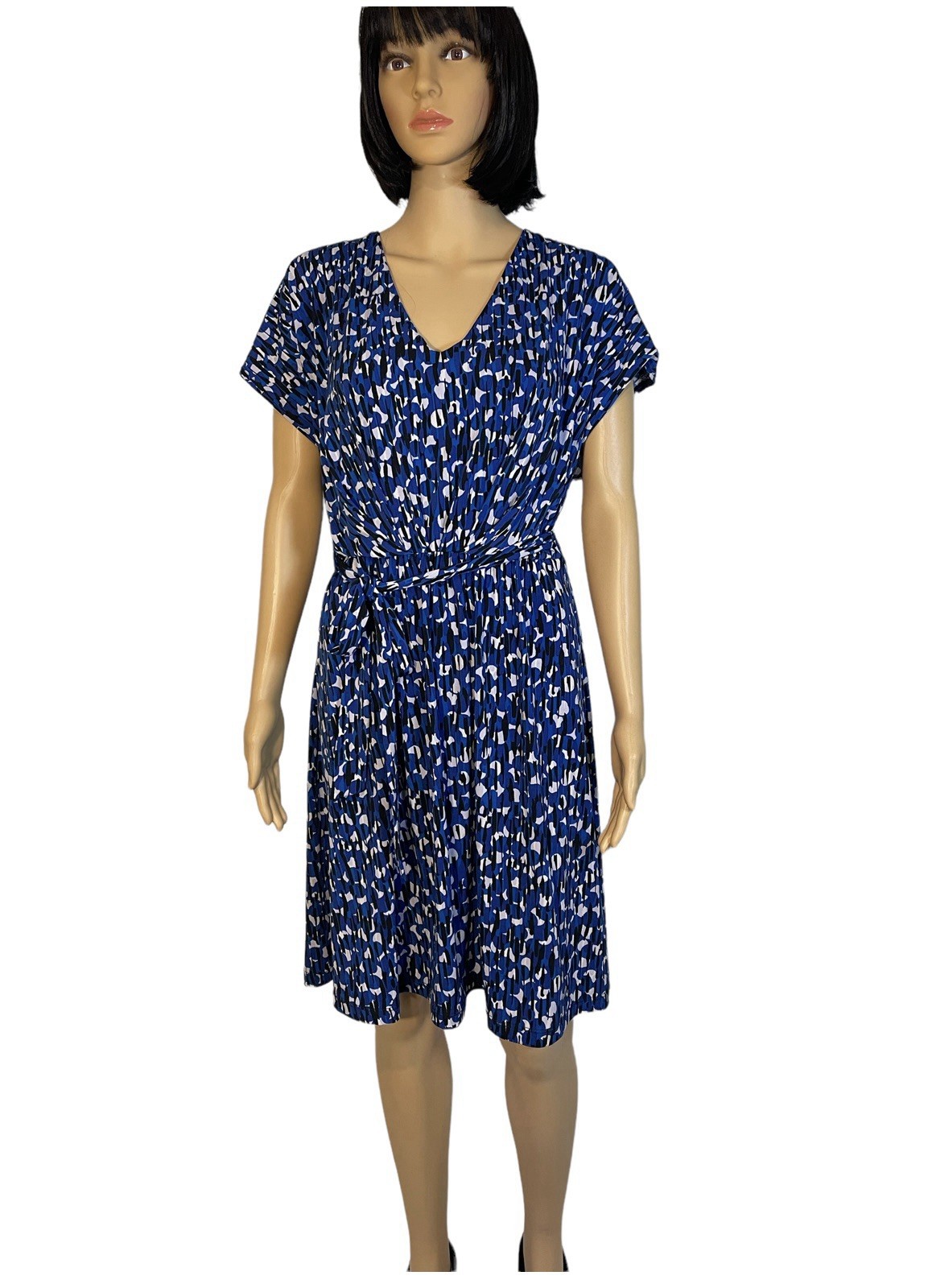 Coldwater Creek 14 Blue Print Polyester Knit Sleeveless Knee-length V-neck Dress
