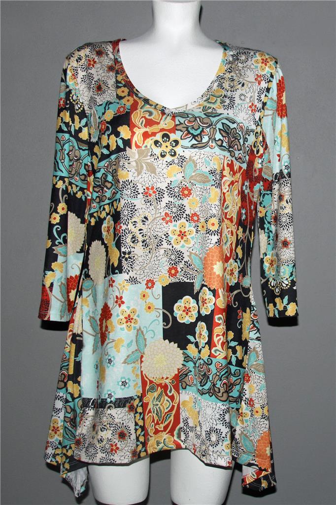 MECHANT Wild Abstract Floral Squares Pullover Loose Fit Flare Dress Wm’s L EXC