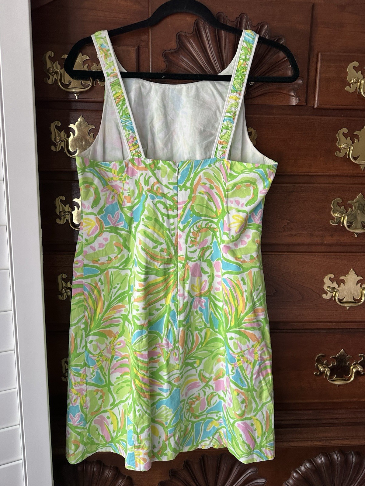 Green Pink Blue White Floral Sheath Dress Sleeveless Square Neck Lined Zip 8