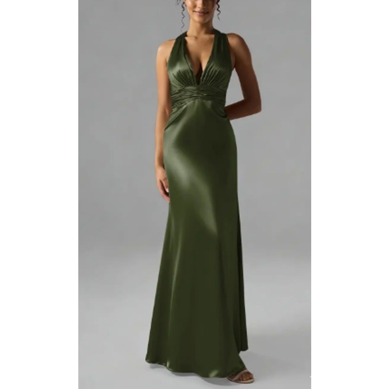 AW BRIDAL 6 S green olive Erika satin crystal formal bridesmaid maxi dress B51