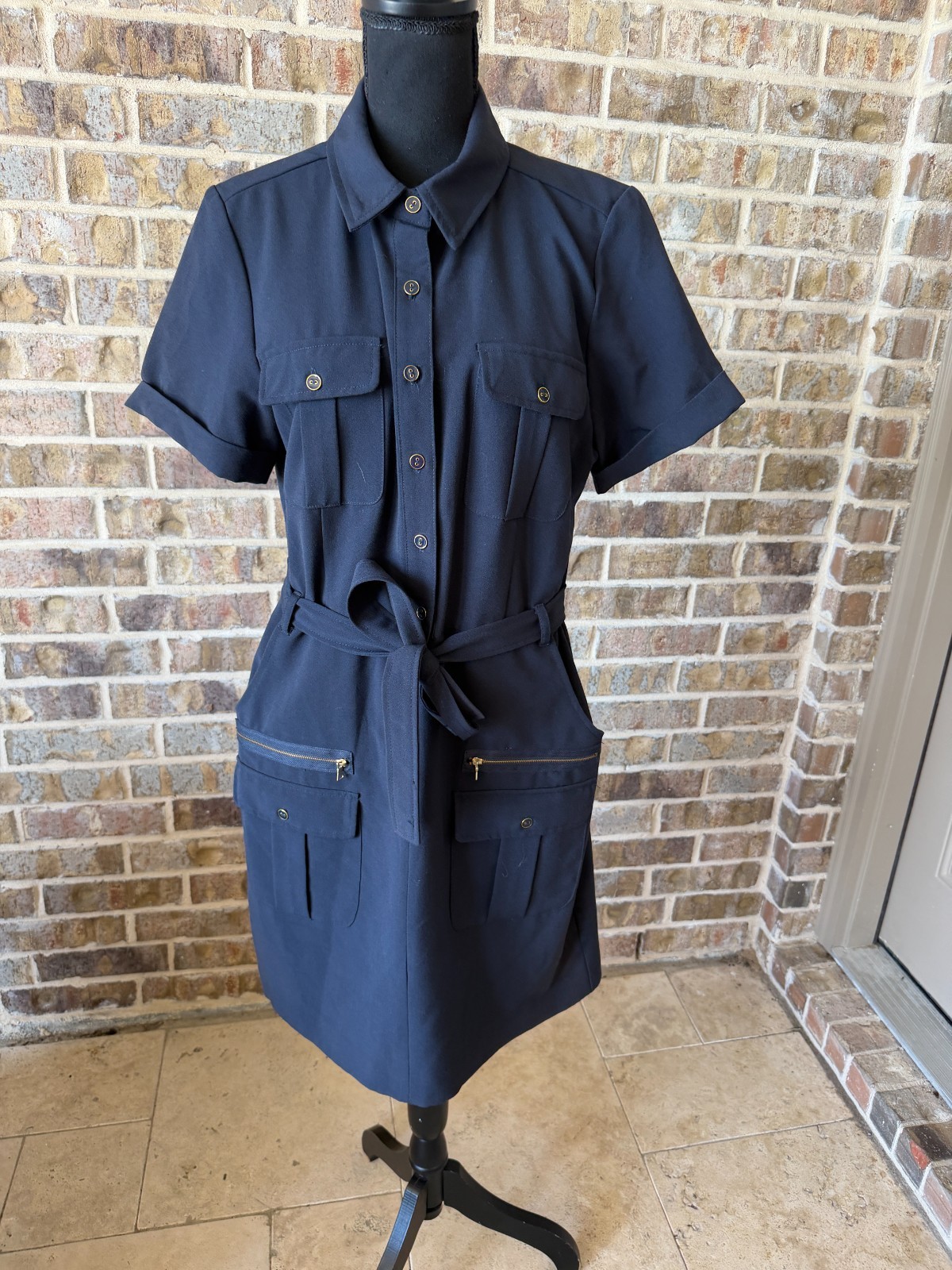 Zac and Rachel navy blue utility shirt dress button-down front belted waist 14