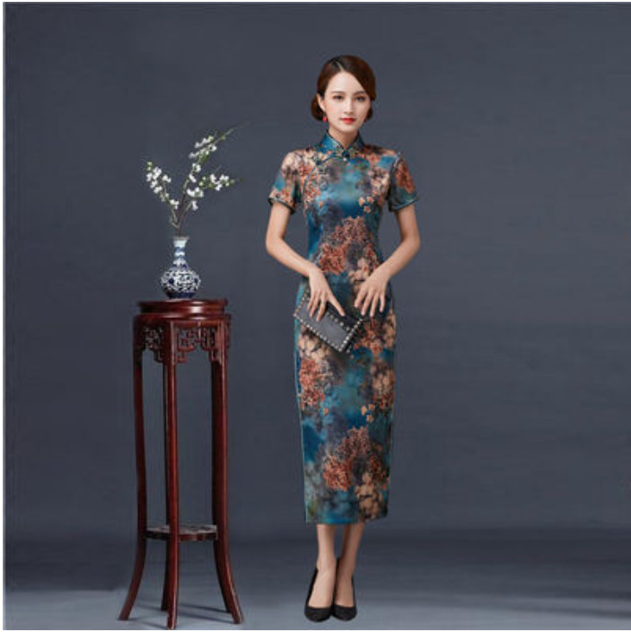 Floral Bodycon Qipao Middle Age Mother Cheongsam Dress Modern Sexy Banquet Dress