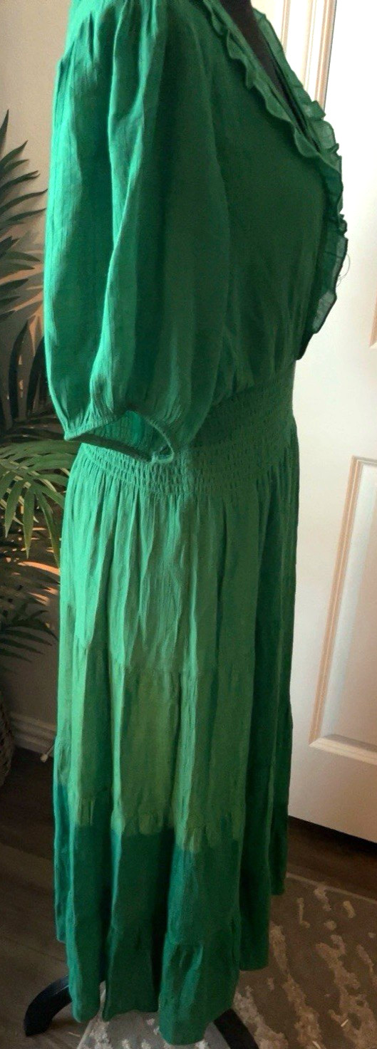 J Gee Emerald Green Smocked Midi Dress Puff Sleeve Ruffle Tiered Boho XL