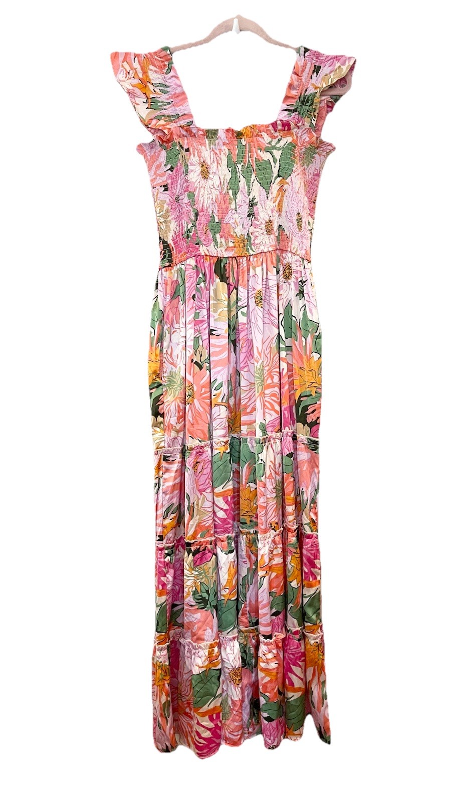 Melloday Floral Smocked Maxi Dress Tiered Pockets Pink Resort Tropical Garden M