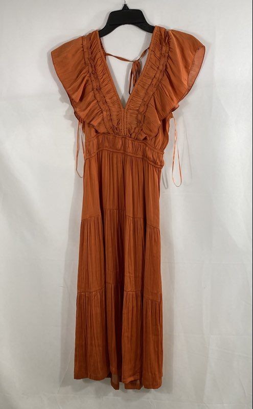 T Tahari Women’s Orange Tiered Ruffle Flutter Sleeve Smocked Midi Dress Sz S NWT