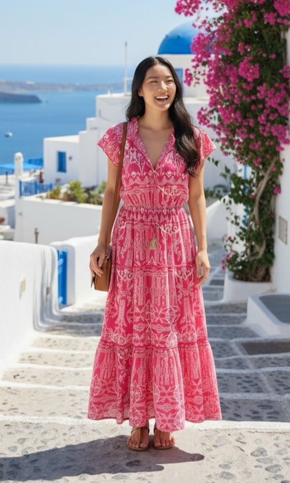 Tinsel NEW! pink white v-neck maxi dress lined tassle sz P/M lightweight summer