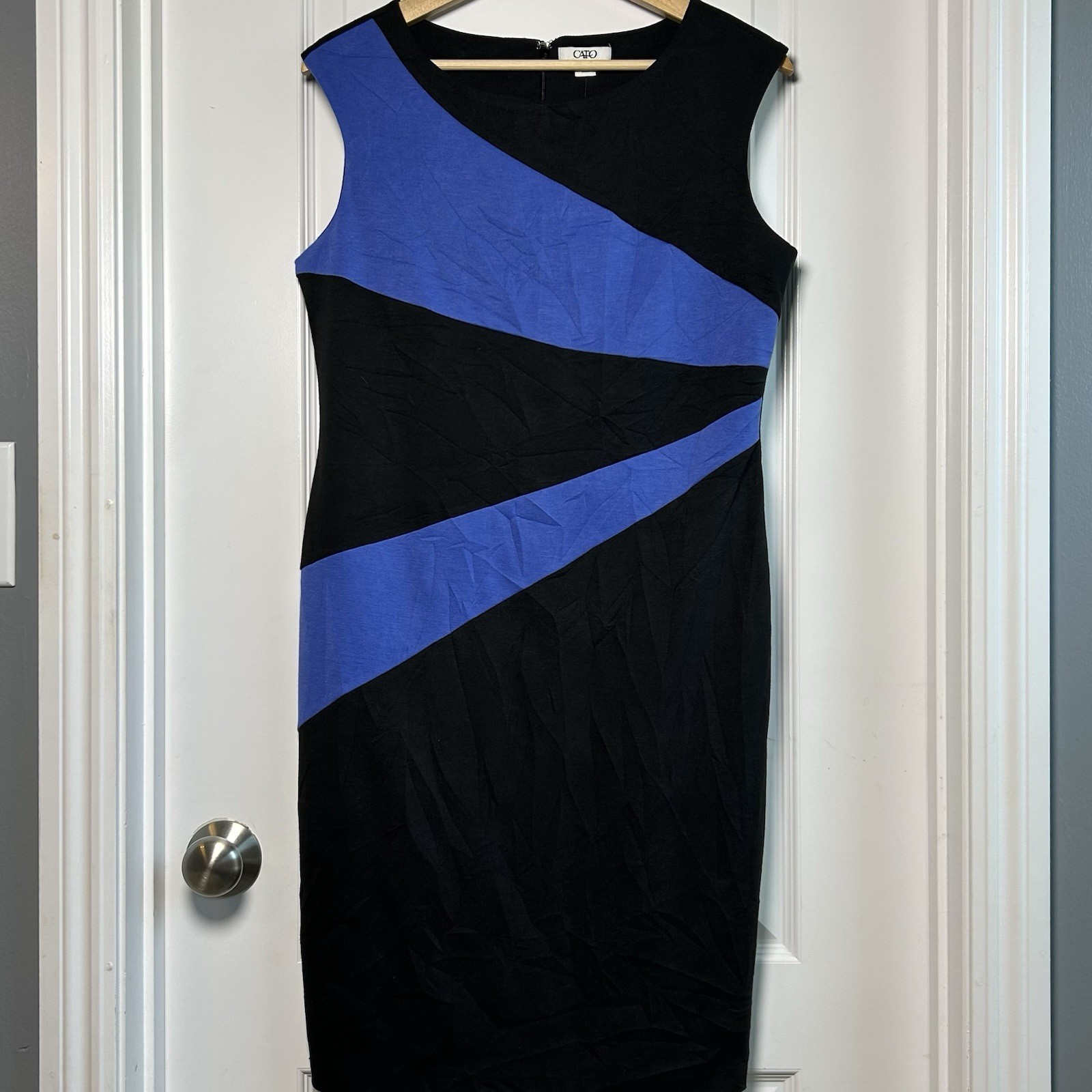 Cato Black Cobalt Blue Diagonal Color Block Sleeveless Sheath Dress Mod Style