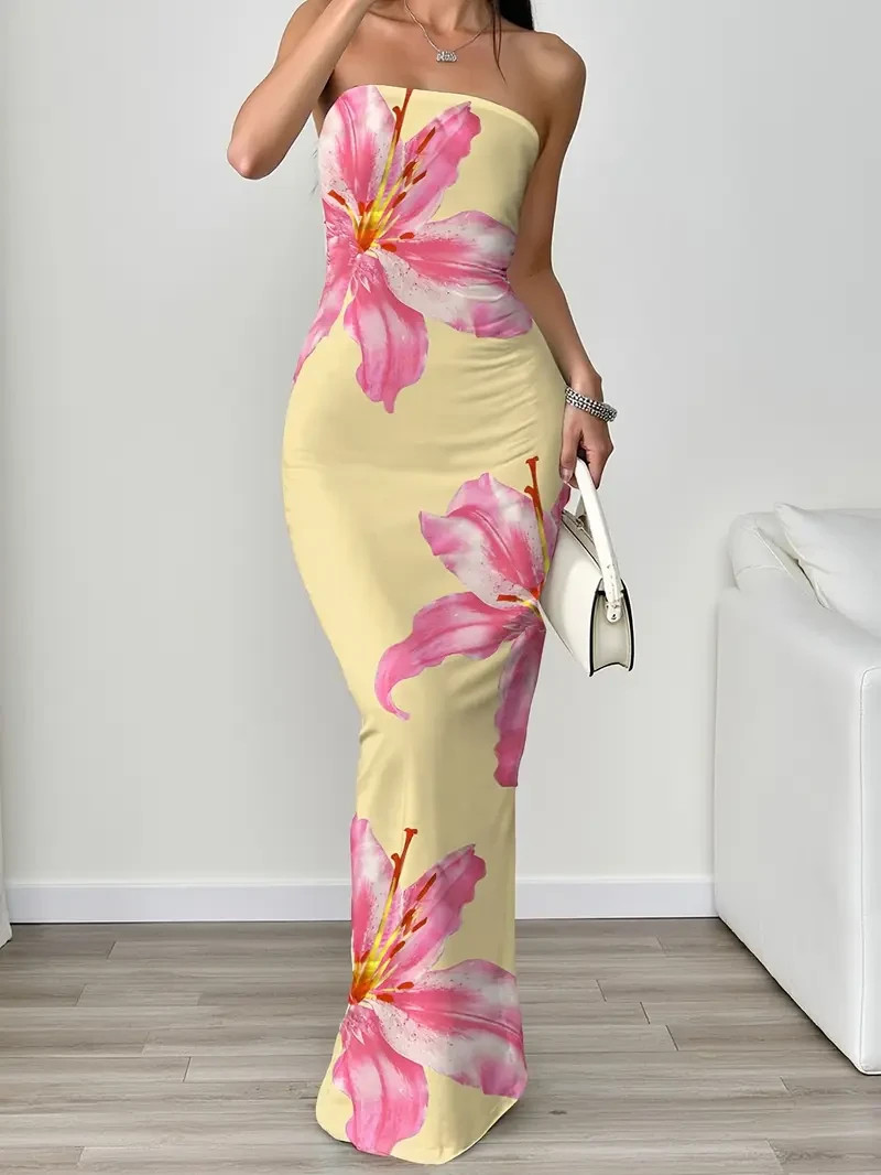 NEW Med. Elegant Sleveless Ruched Soft YELLOW Maxi Dress w Pink & White Flowers