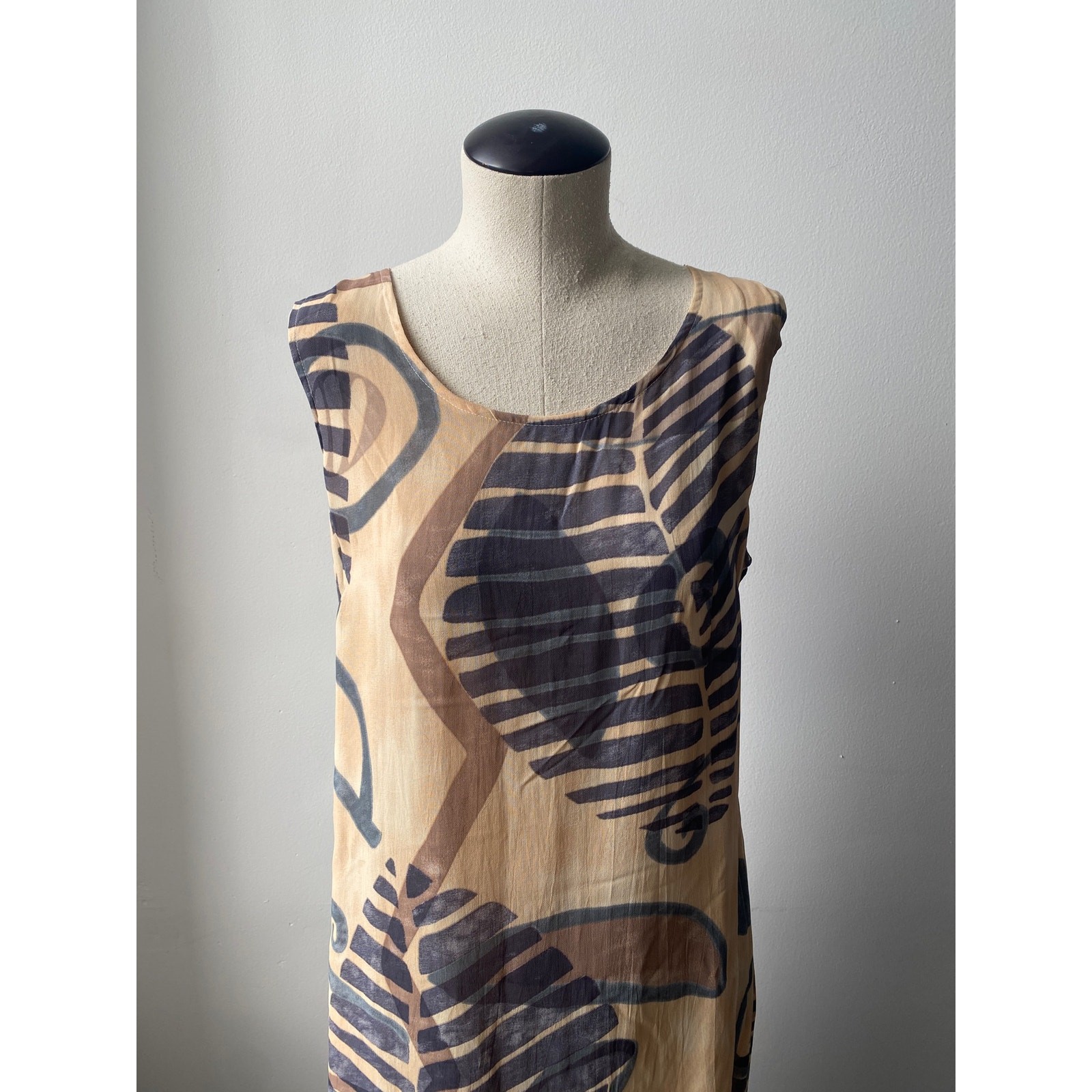 Vtg 90s Earthy Botanical Sleeveless Maxi Dress Tan Gray Boho Minimalist Sz M